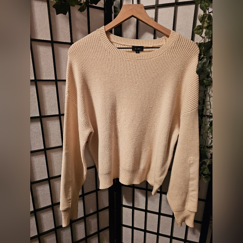 Express Cream Knitted‎ Sweater with Accent Sleeves
